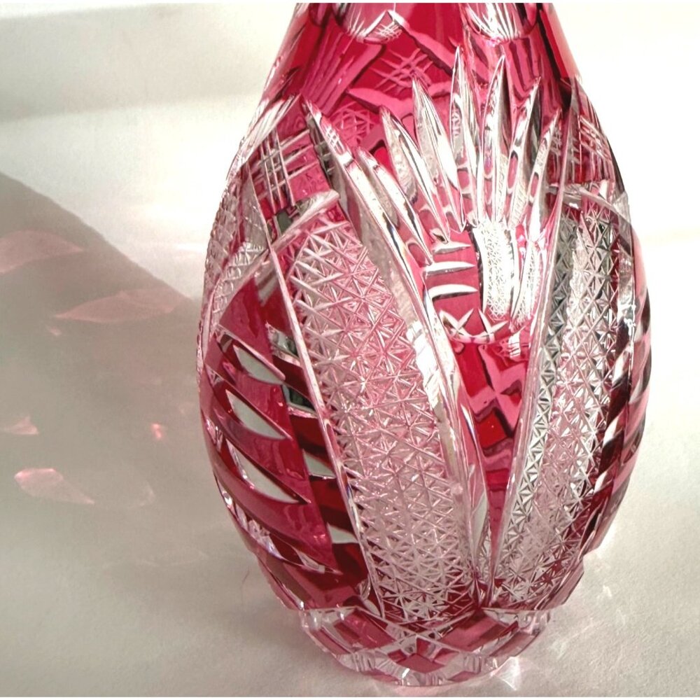handcut Crystal Vase/decanter? Intricate‎ Ruby/Pink Clear cut/Etched 9.25" - Picture 2 of 9